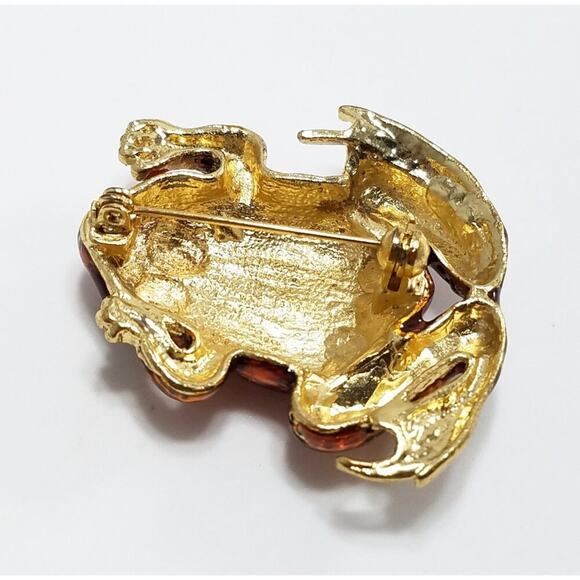 Vintage Rusty Orange Enamel Frog Brooch, Gold Tone, 1980s, 1 3/4 Inches - Picture 9 of 10